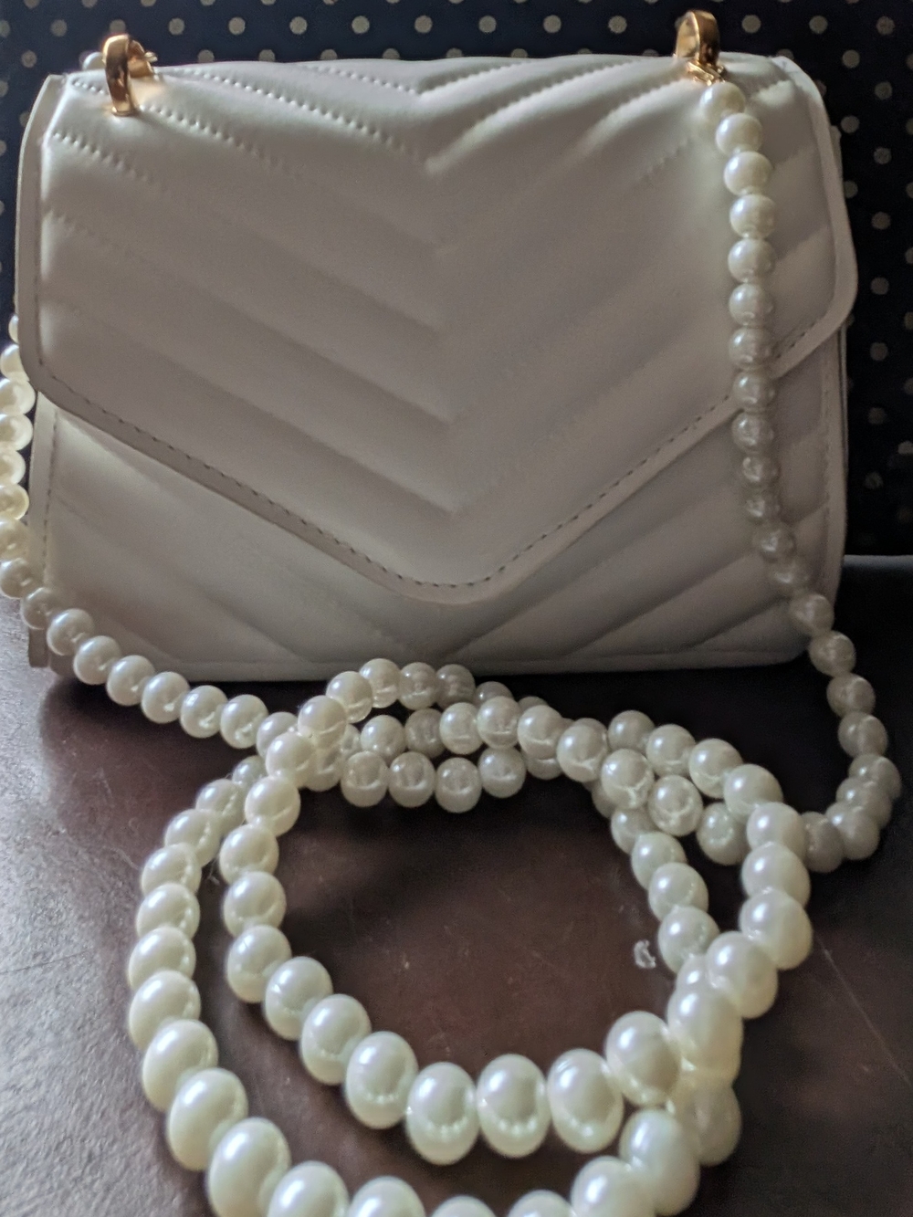 SHEIN White Leather Clutch with White Pearl Strap